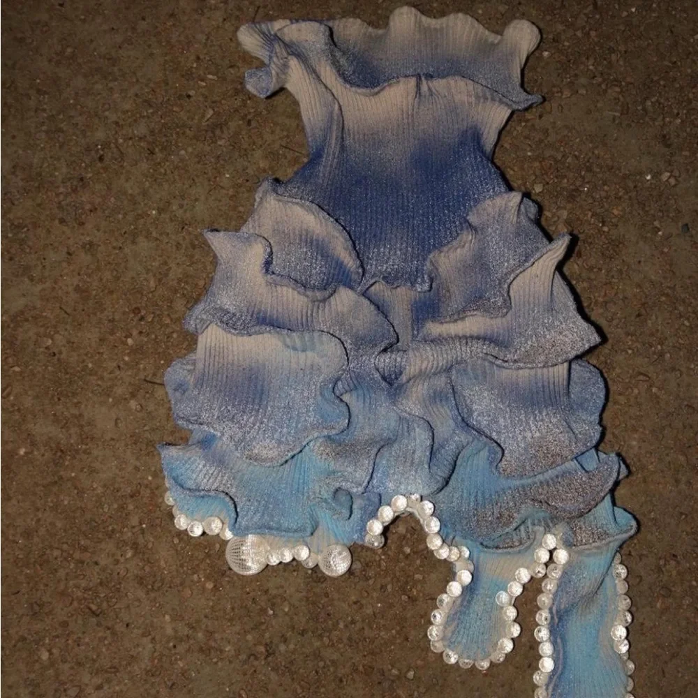 3Lato Blue and White Ruffled Dress with Pearl Accents - Picture 1 of 4